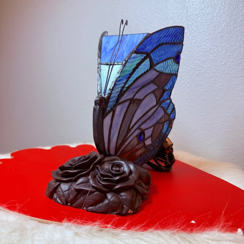 Tiffany Style Stained Glass Blue Butterfly Accent Lamp Rose‎ Floral Base - Picture 6 of 9